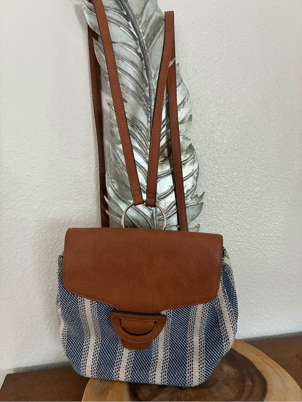 Market & Spruce Blue Striped Backpack with Brown Faux-Leather Flap
